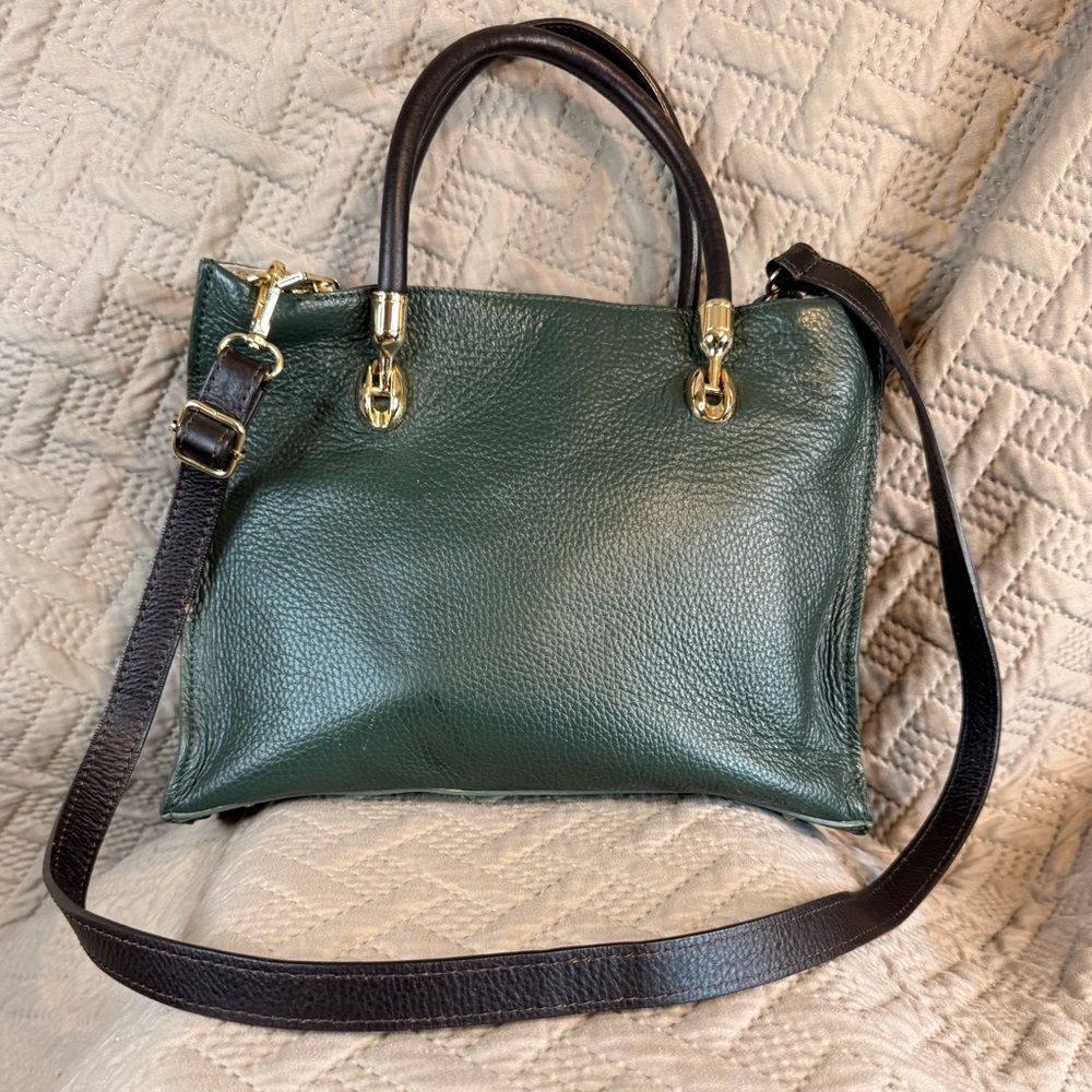 Valentina Dark Green Leather Satchel with Black Strap and Gold Hardware